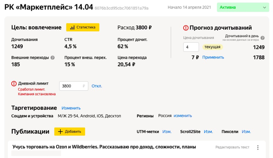 Статистика рекламной кампании в Яндекс Дзен